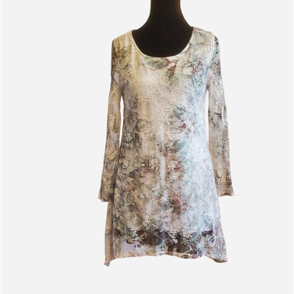 Calstyle Fairy Grunge Green Lace Floral Tunic Top Embellished Bling Size S Boho